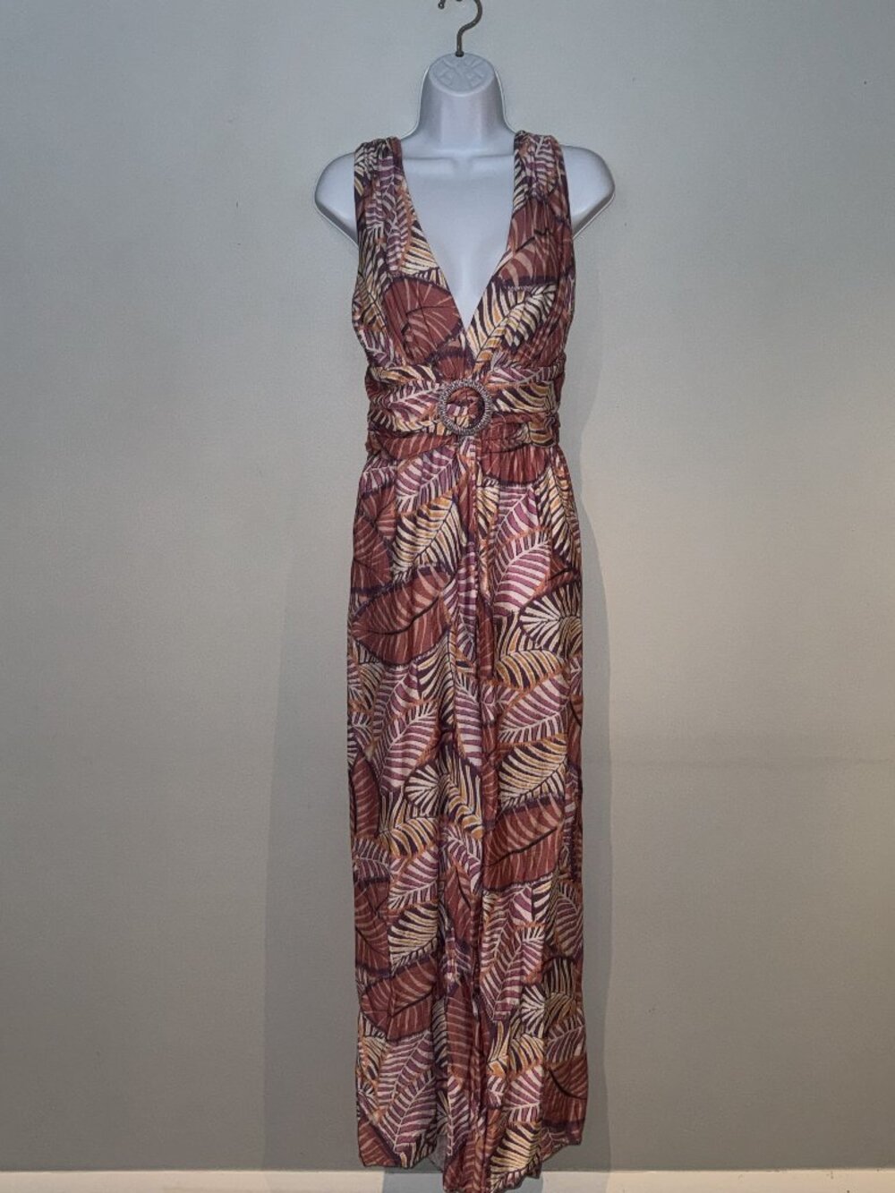 Lulus Emlyn Rose Pink Leaf Print O-Ring Wide Leg Jumpsuit Size XL - Picture 3 of 9
